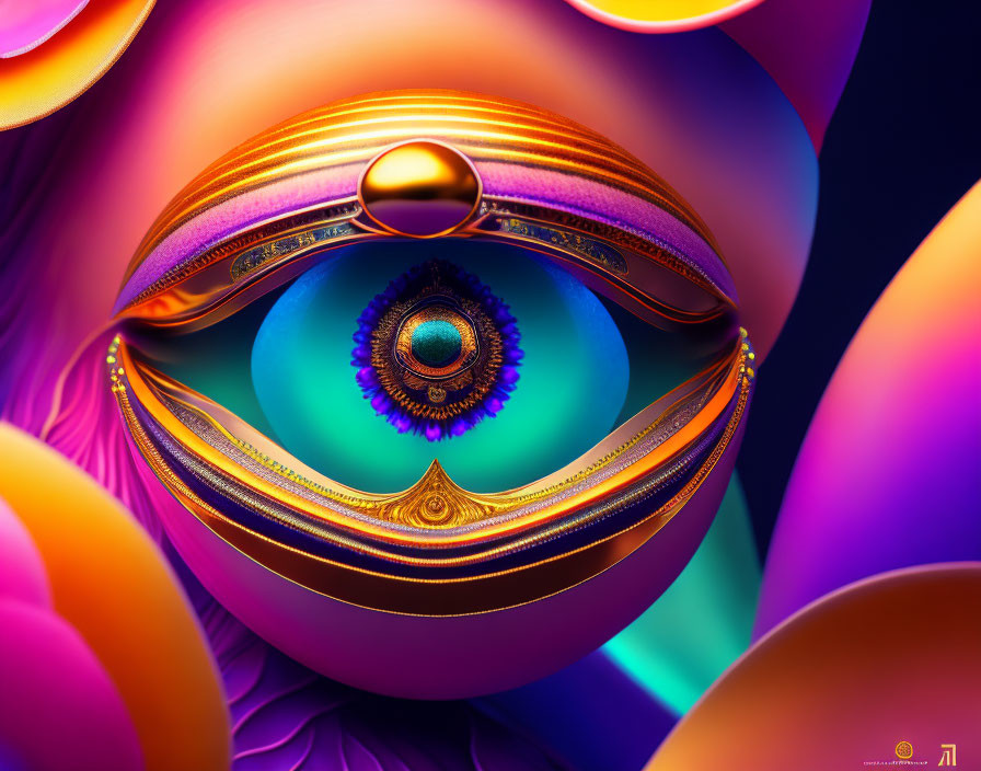 Colorful Digital Artwork with Intricate Eye-like Sphere and Abstract Patterns