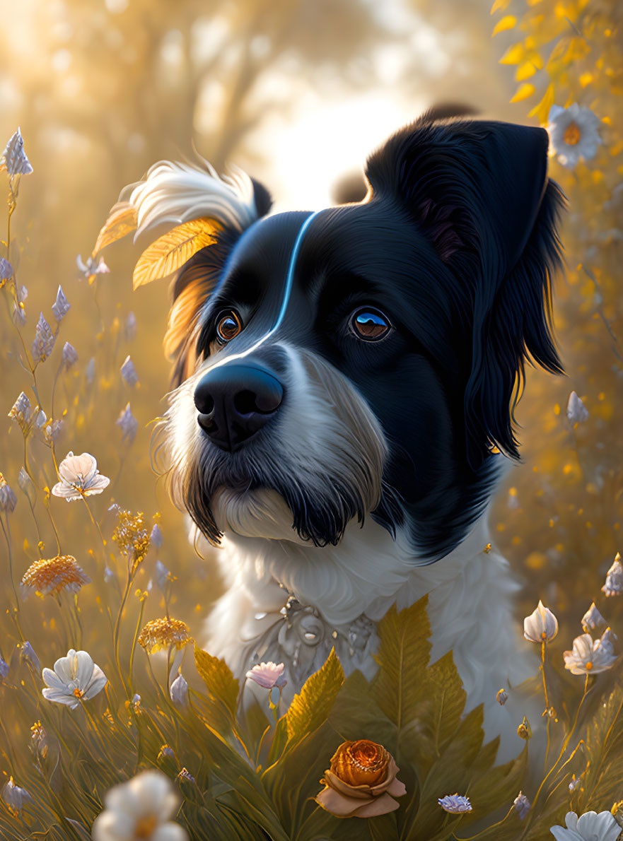 Black and white dog in sunlit flower field