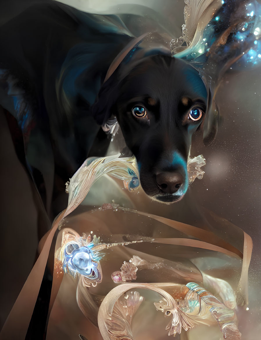 Surreal Dog Artwork with Glossy Eyes and Aquatic Elements