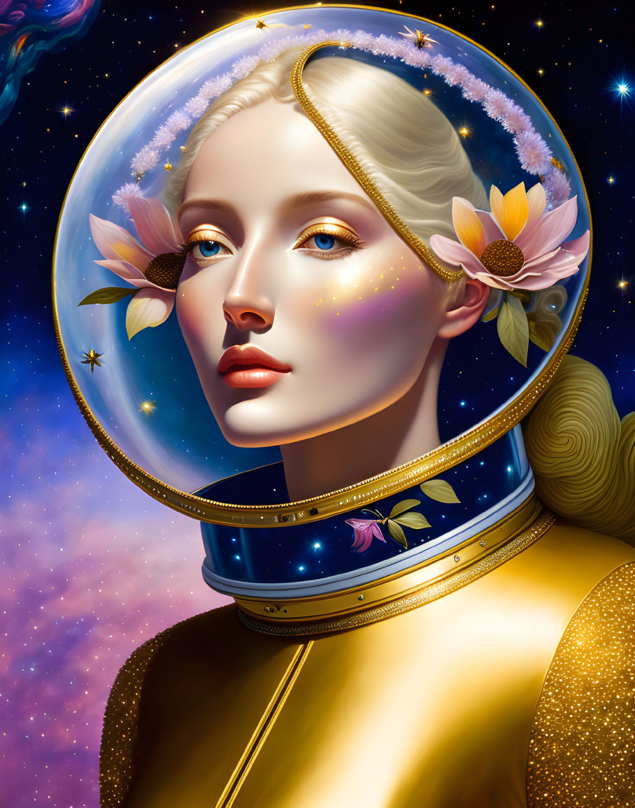 Digital Artwork: Woman in Astronaut Helmet with Floral Design on Starry Background
