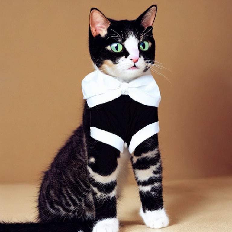 Black and white striped cat in elegant attire with green eyes.