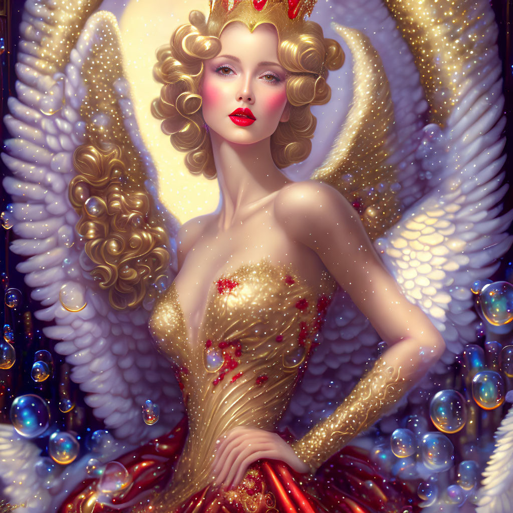 Golden-haired angelic figure in shimmering dress with intricate details, crowned and surrounded by luminous wings