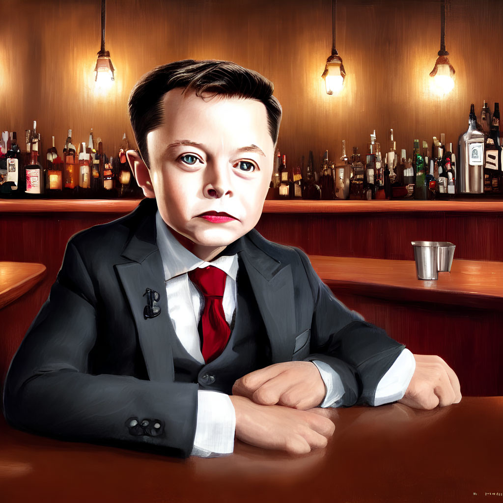 Illustration of young boy in suit with red tie at bar with bottles - adult theme