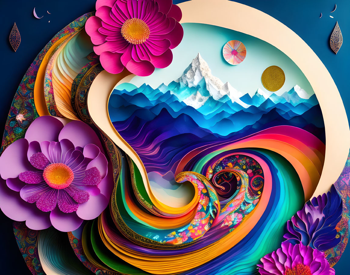 Colorful Abstract Wave Pattern with Mountains and Flowers