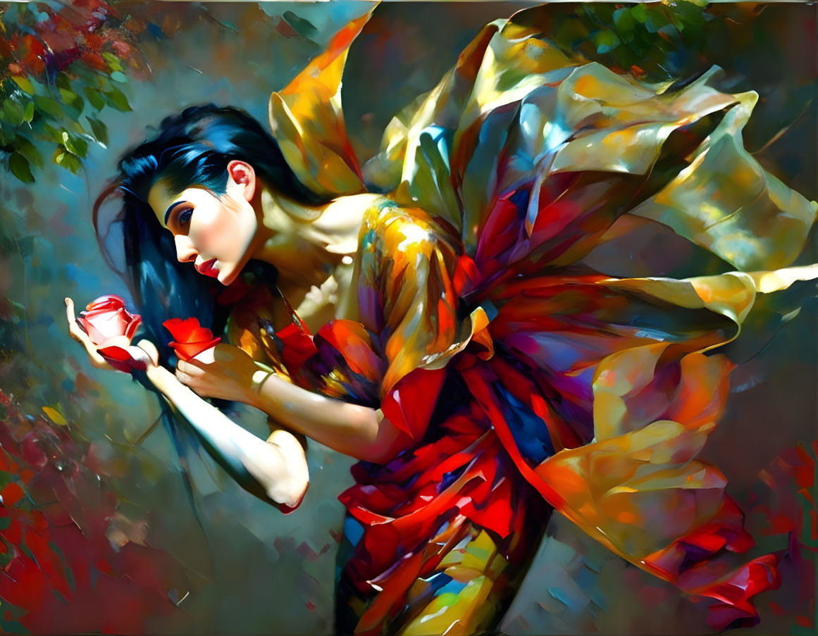 Colorful Butterfly-Winged Female Figure Holding Red Flower