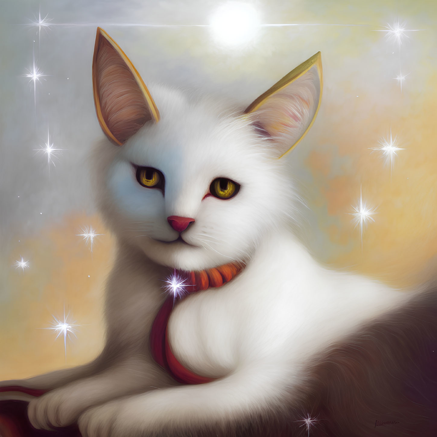 Illustration of white cat with pointy ears and golden eyes on glowing starry background