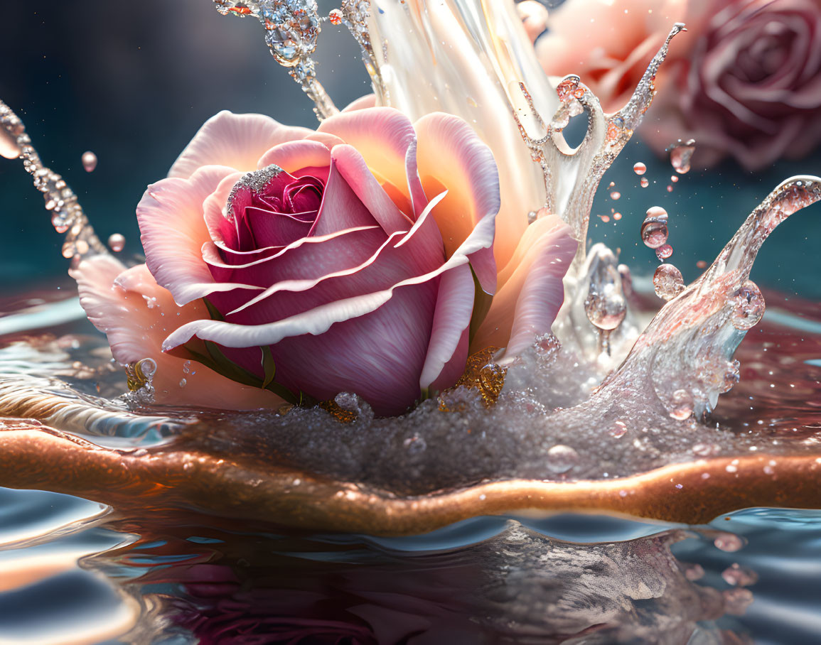 Pink rose with water droplets and bubbles on blurred floral background