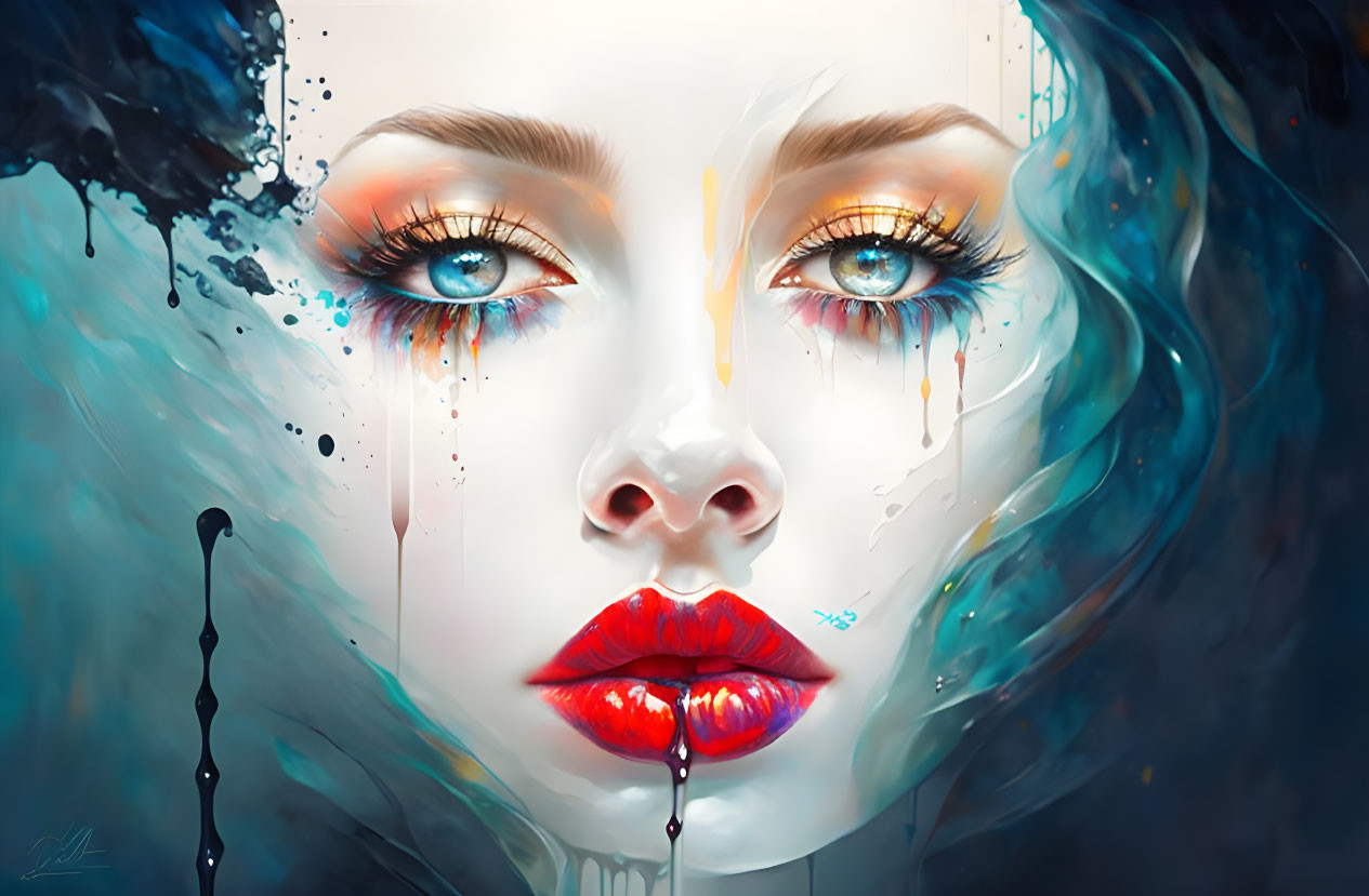 Hyper-realistic digital painting of woman with vibrant blue hair, teary golden eyes, and melting colors
