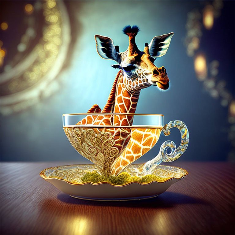 Whimsical giraffe with wings in ornate teacup on blue and gold background