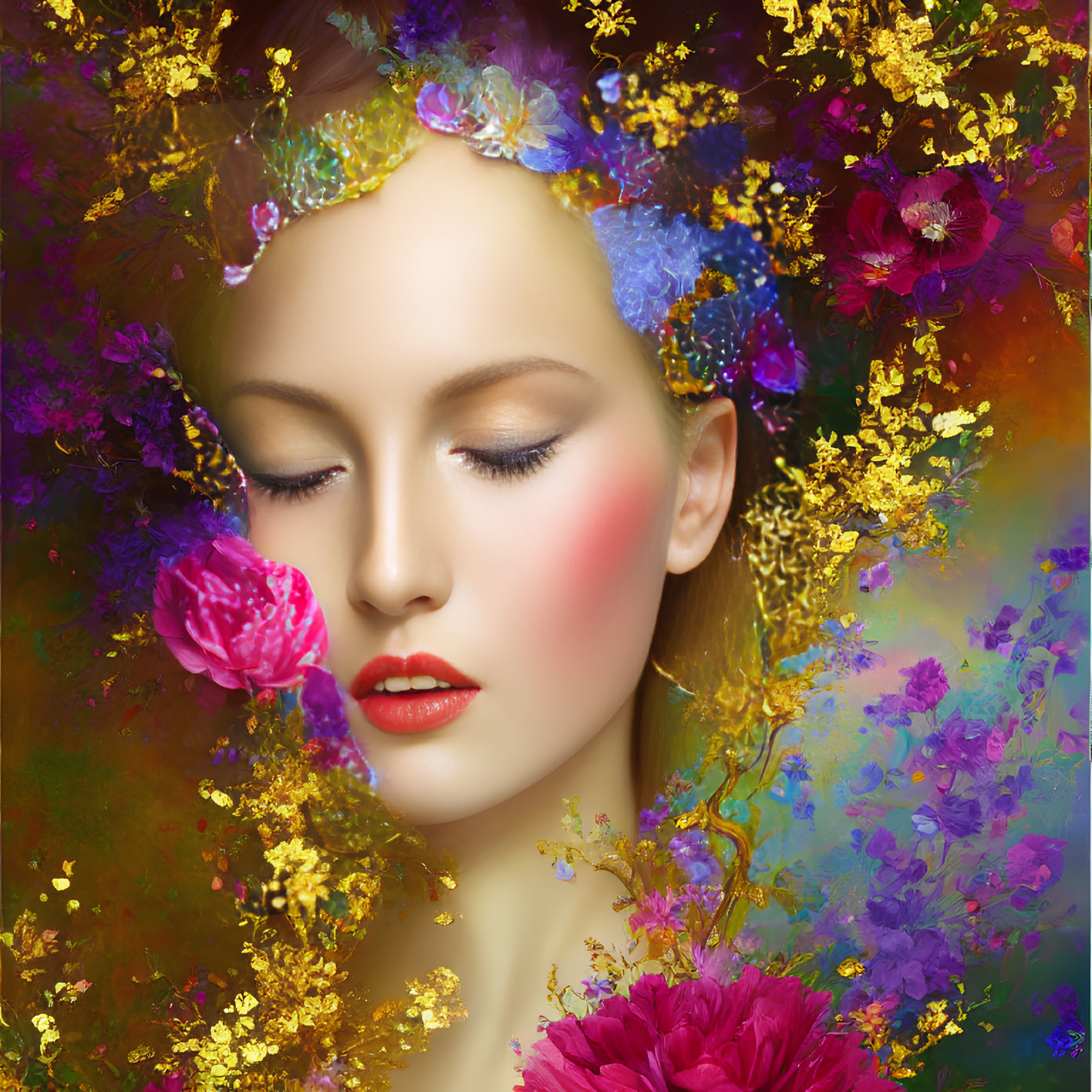 Colorful floral portrait of a woman with closed eyes and golden accents