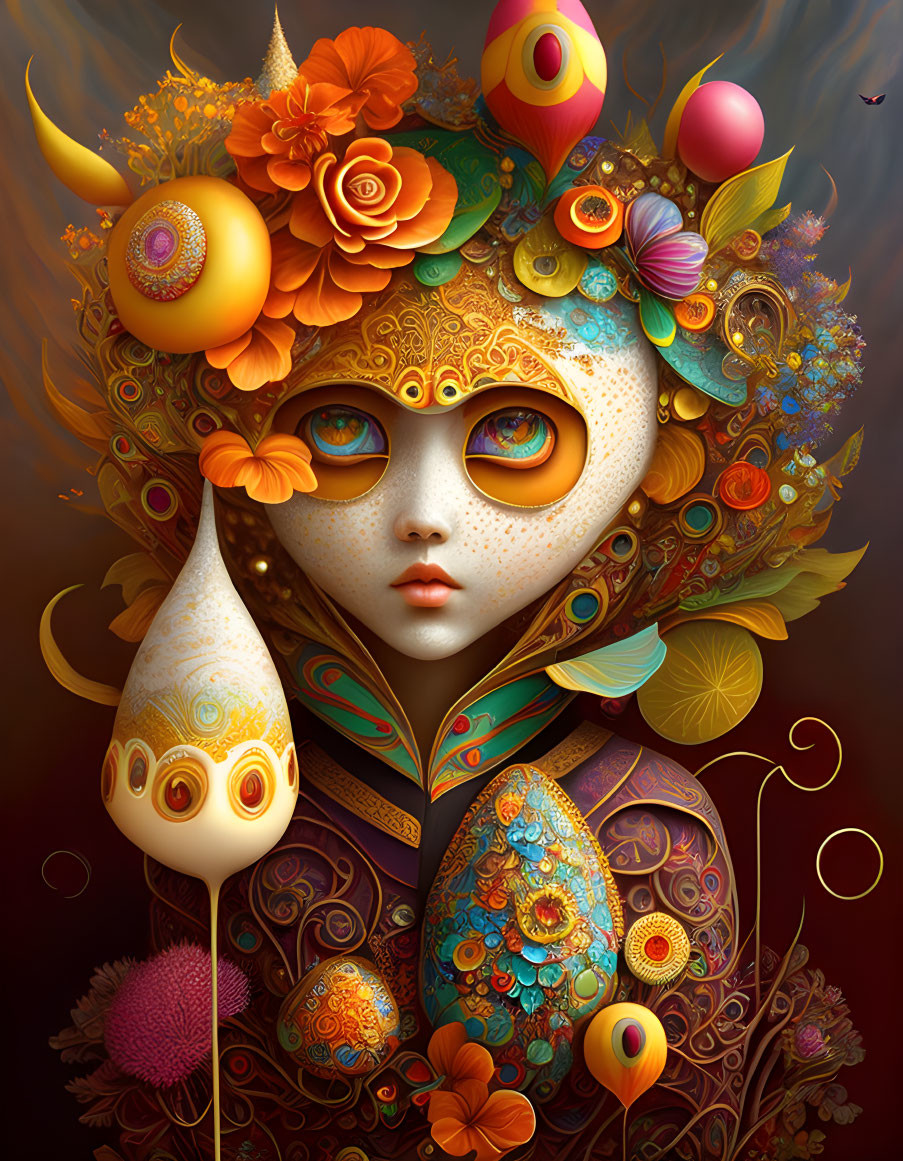 Vibrant surreal portrait with ornate floral patterns and whimsical elements