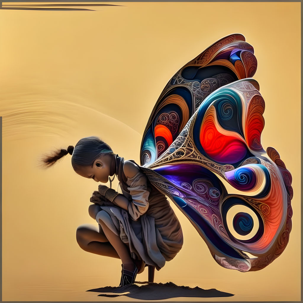 Colorful Butterfly Wings Girl Digital Artwork on Warm Background