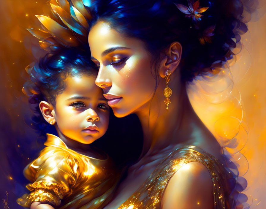 Illustration of woman and child with golden accents in contemplative poses