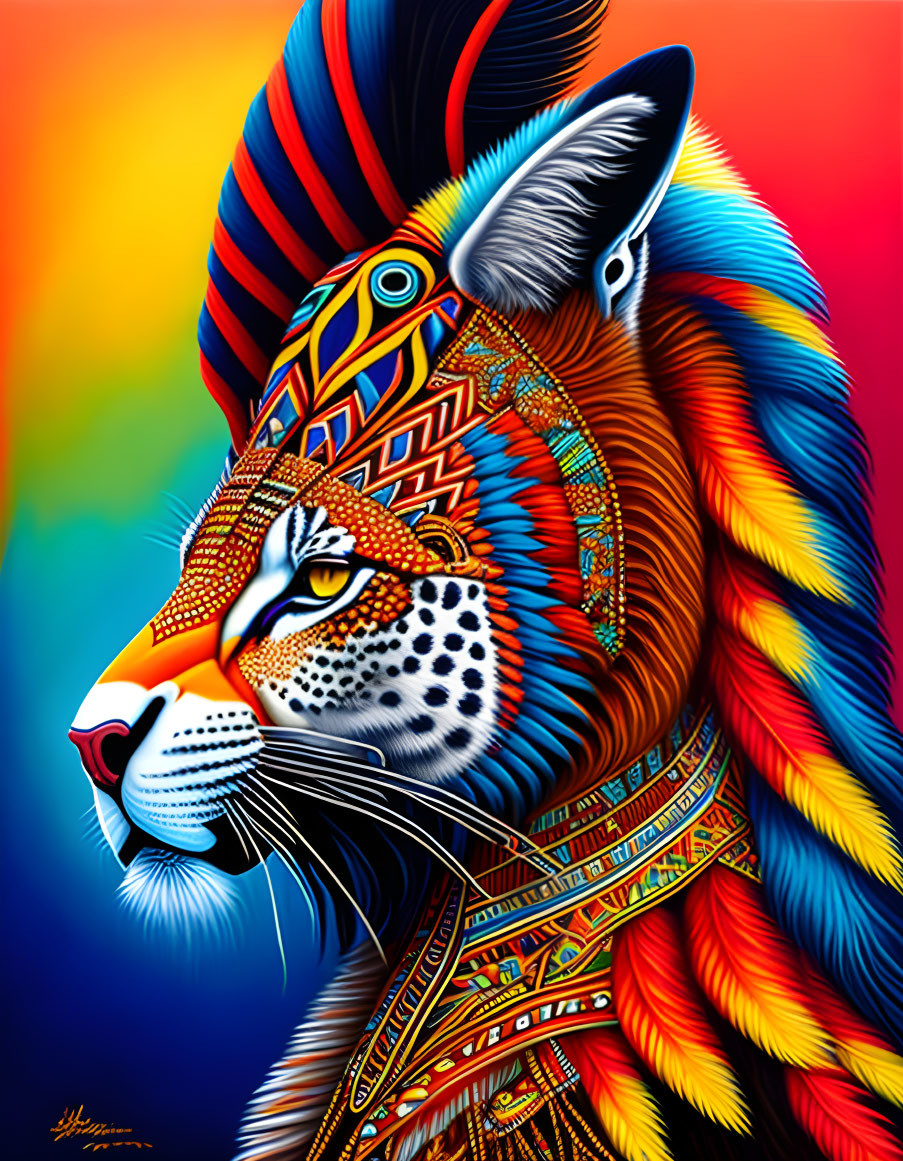 Colorful Stylized Lion Illustration with Tribal Patterns