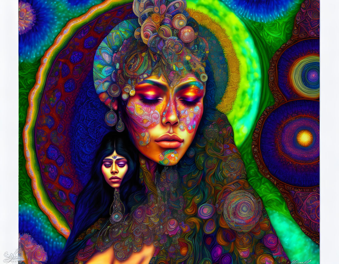 Colorful digital art: Two female figures with intricate patterns in cosmic colors