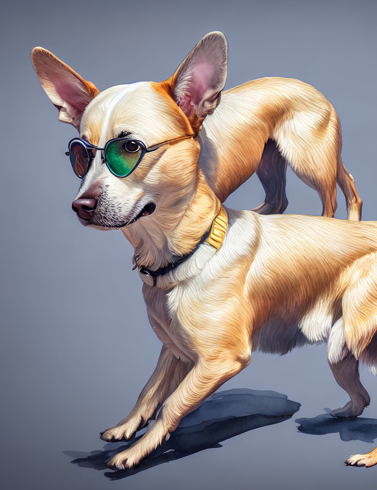 Stylized illustration of a light brown dog in green sunglasses