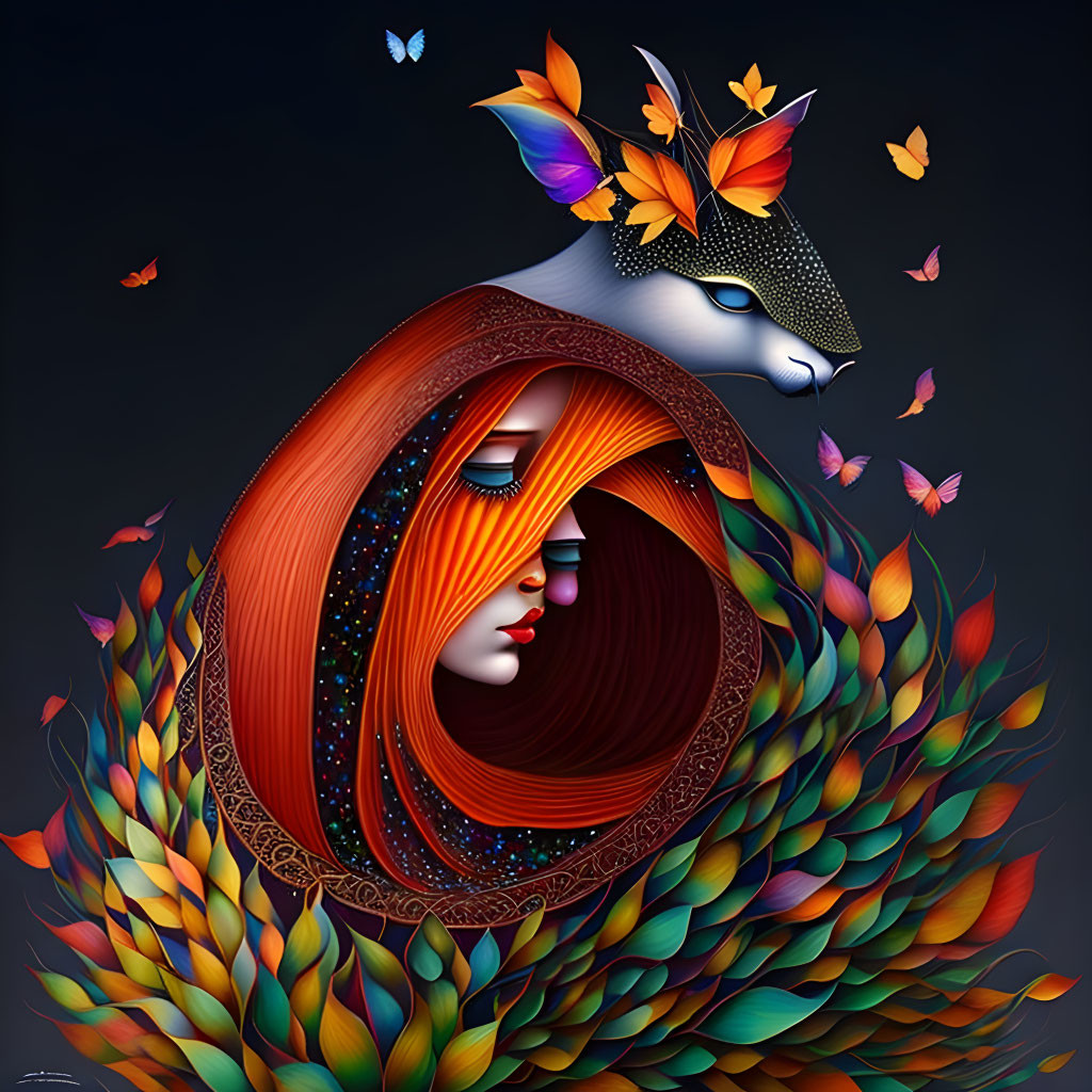 Surreal illustration of woman with flowing hair and fox with leaves and butterflies.