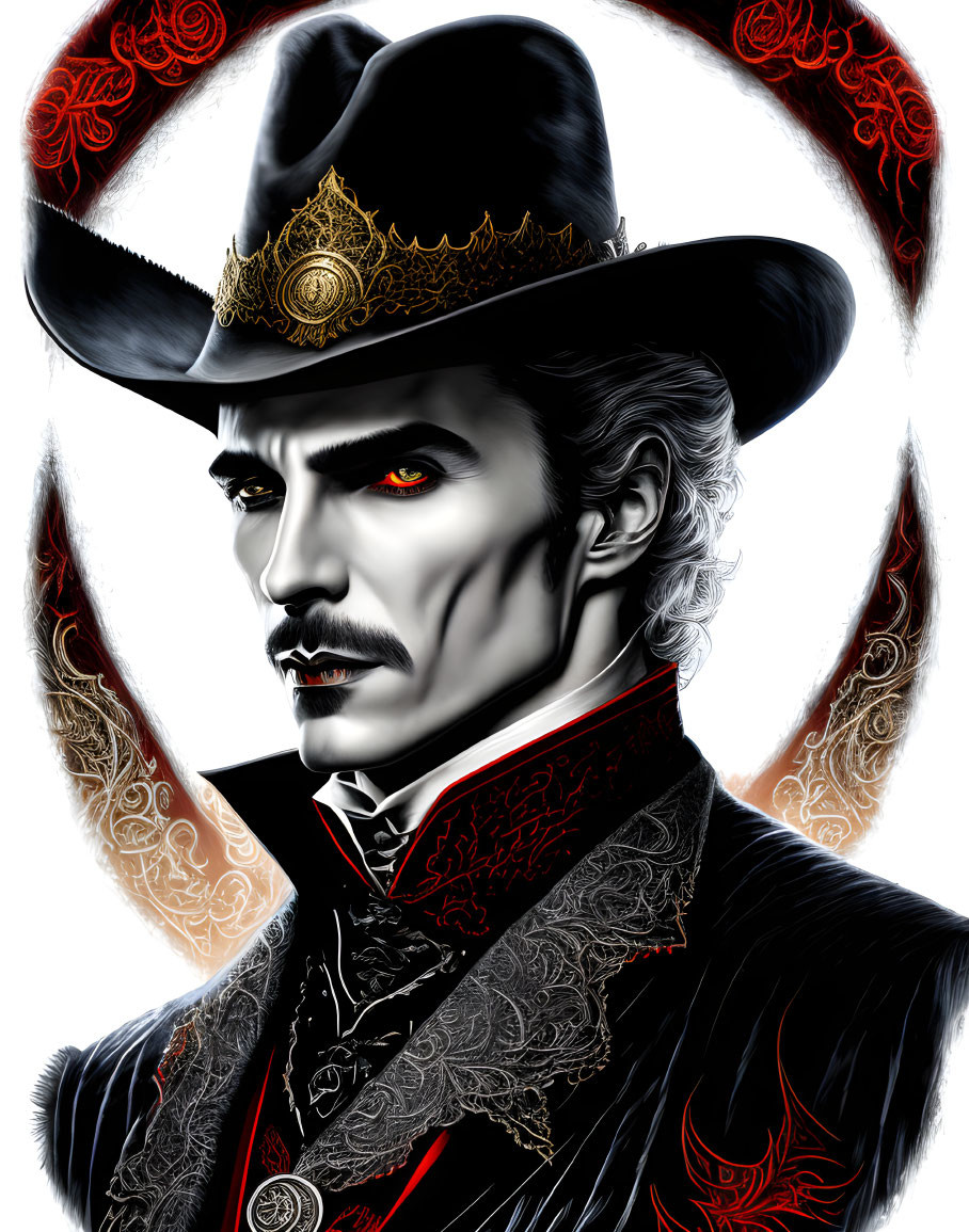 Pale man with red eyes in cowboy hat and ornate attire on dark background