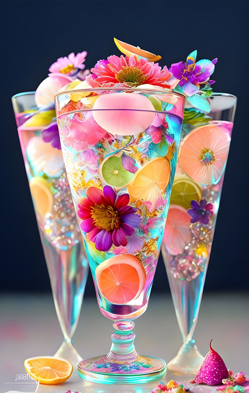 Assorted Flowers and Citrus Slices in Glassware Display