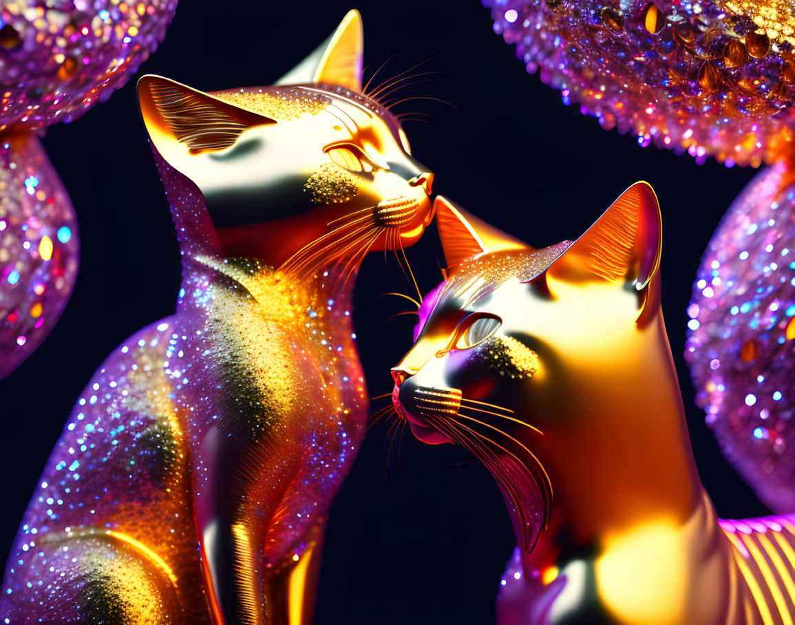 Glittery stylized cats in cosmic texture with jewel-like orbs on dark background