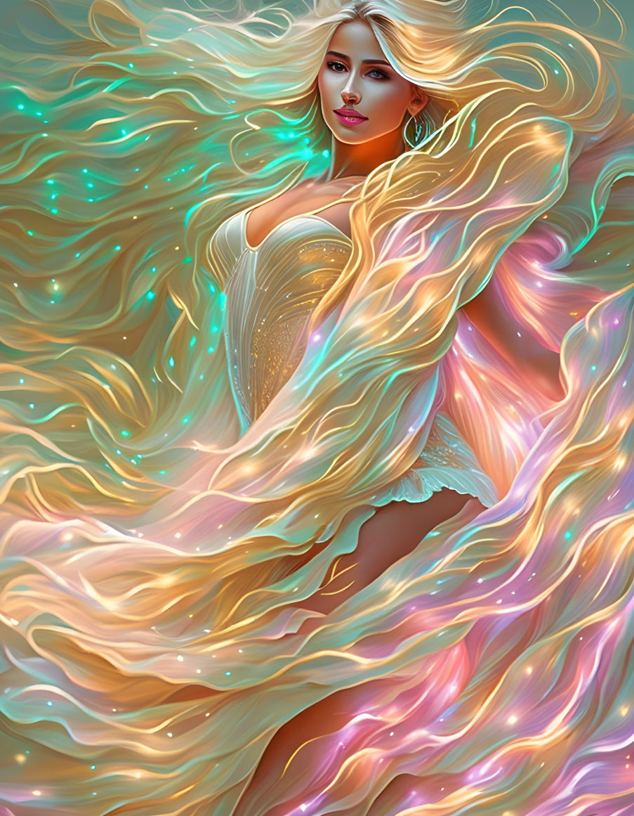 Ethereal figure with golden hair and shimmering gown in blues and pinks