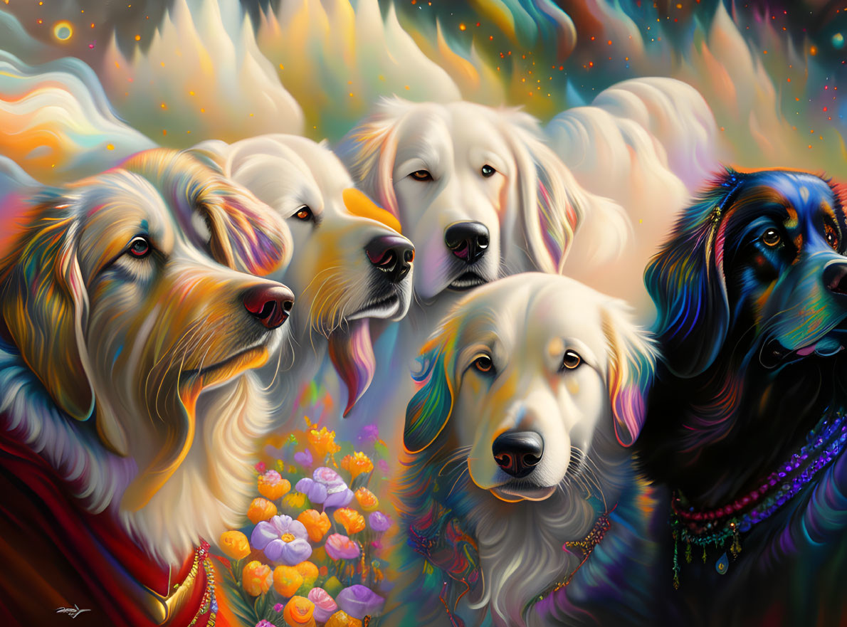Colorful Stylized Dogs on Vibrant Background with Clouds and Flowers
