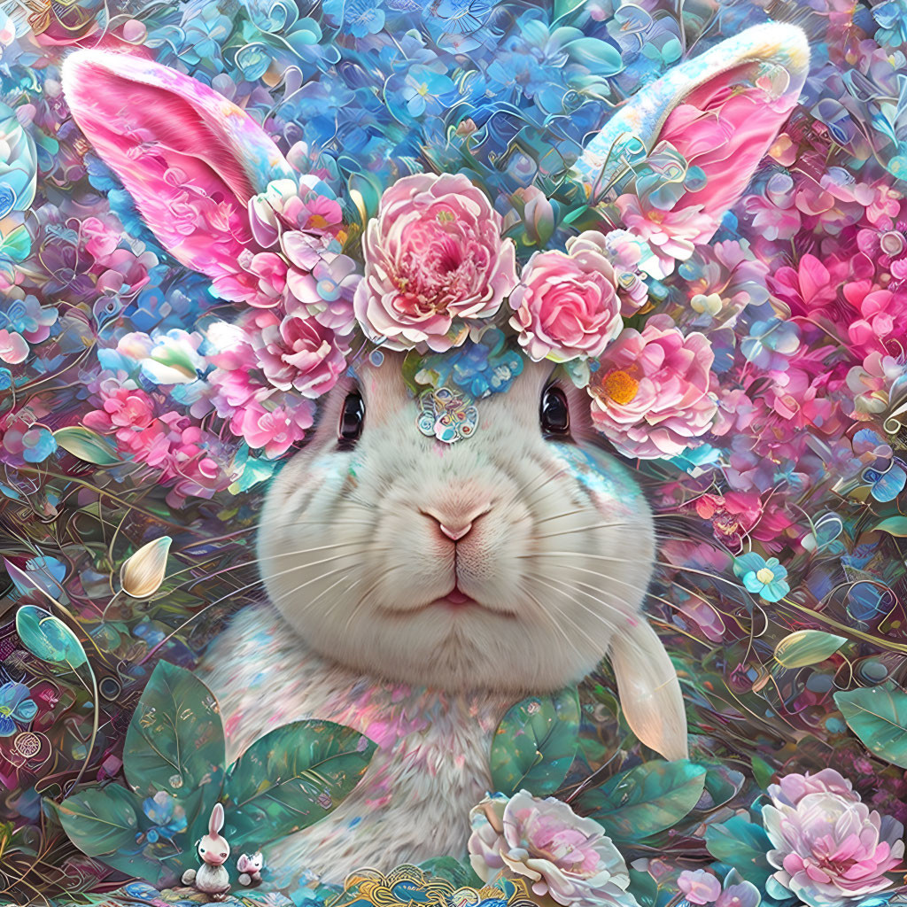 Colorful Bunny Illustration with Floral Crown and Patterns