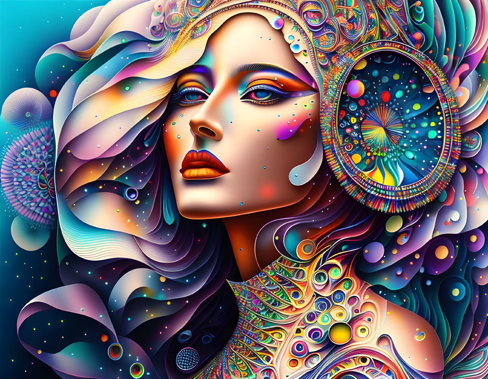 Colorful digital artwork featuring woman with intricate patterns and cosmic motifs