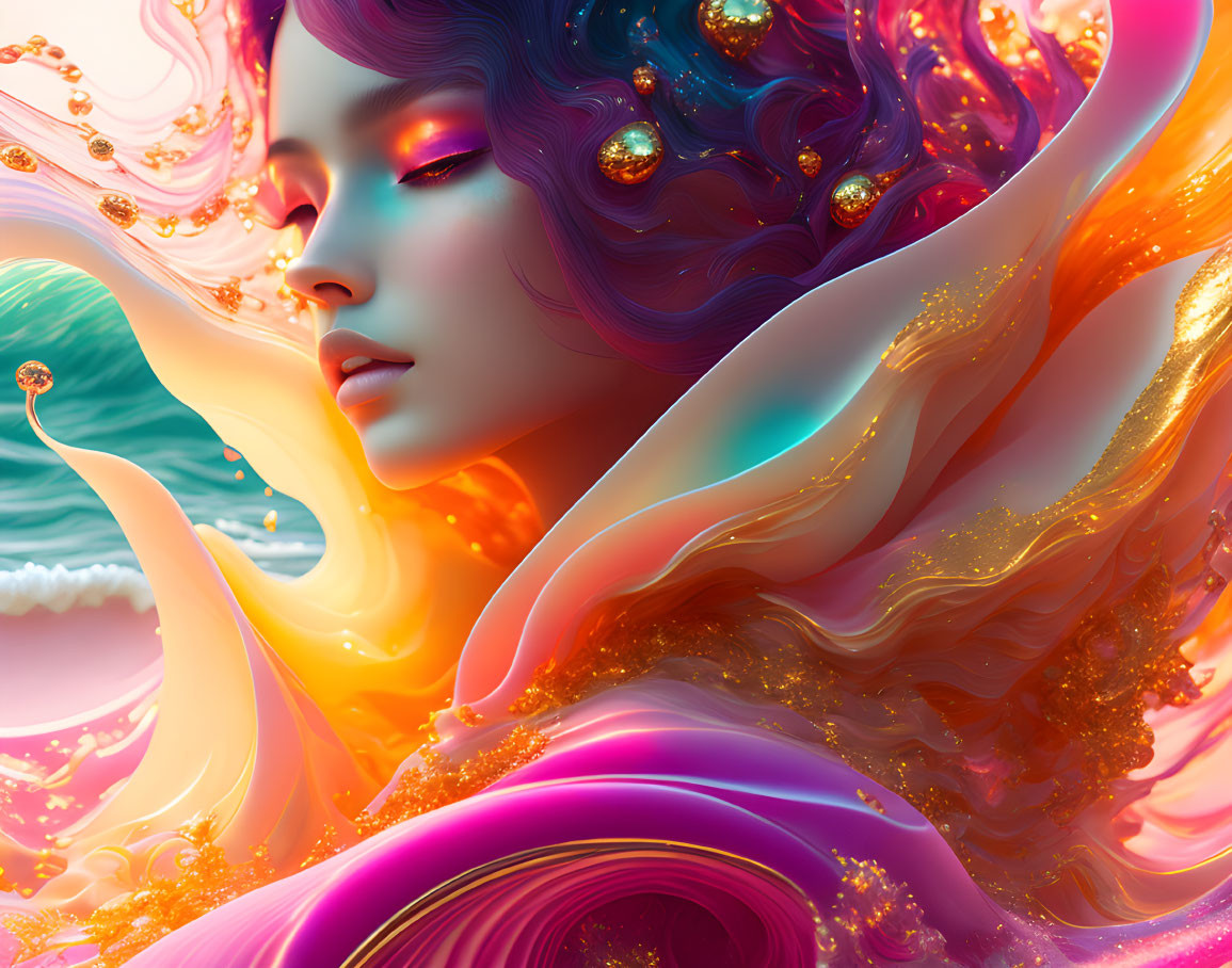 Colorful digital artwork: Female figure with flowing hair and gold ornaments in surreal background