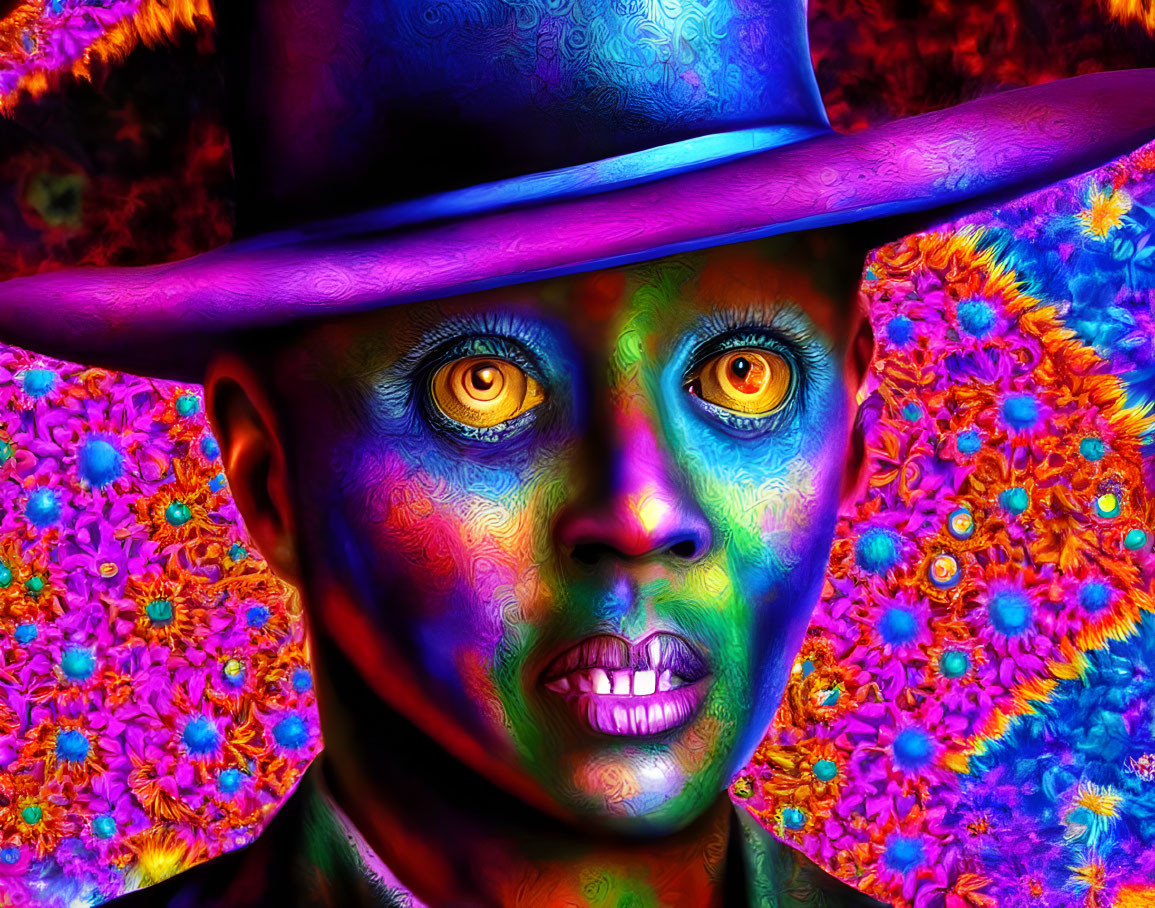 Colorful Psychedelic Portrait with Orange Eyes and Purple Hat