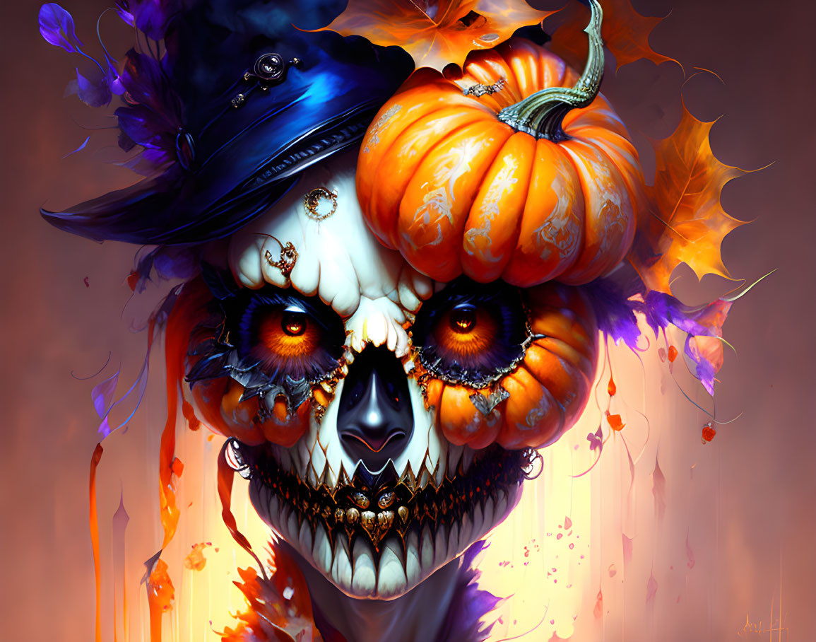 Skull digital artwork: pumpkin head, orange eyes, navy hat, purple accents