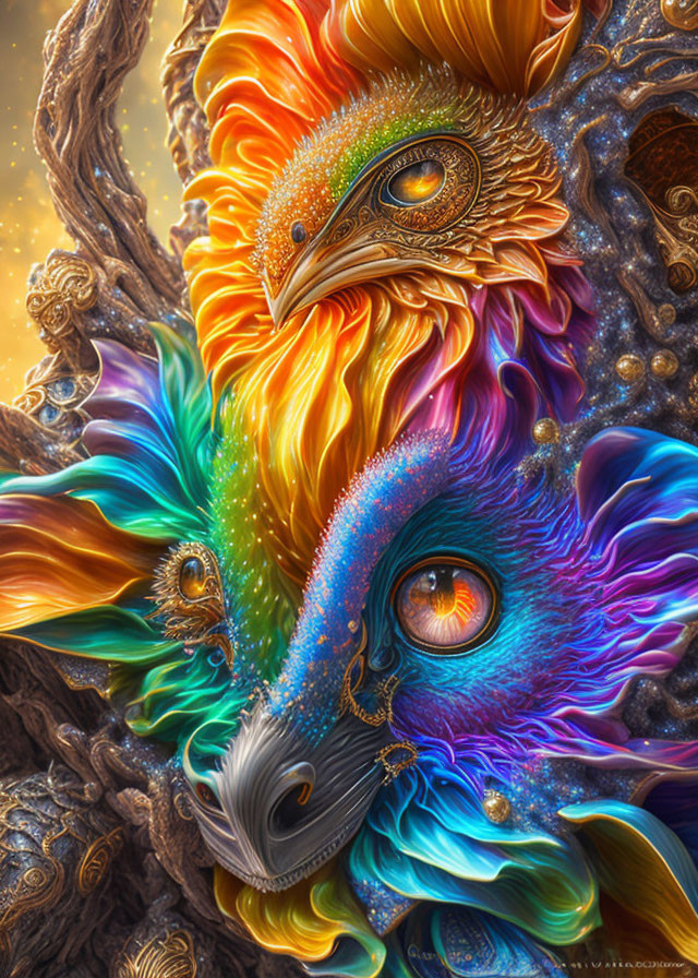 Colorful creature with feathers and bright eyes in fantastical image