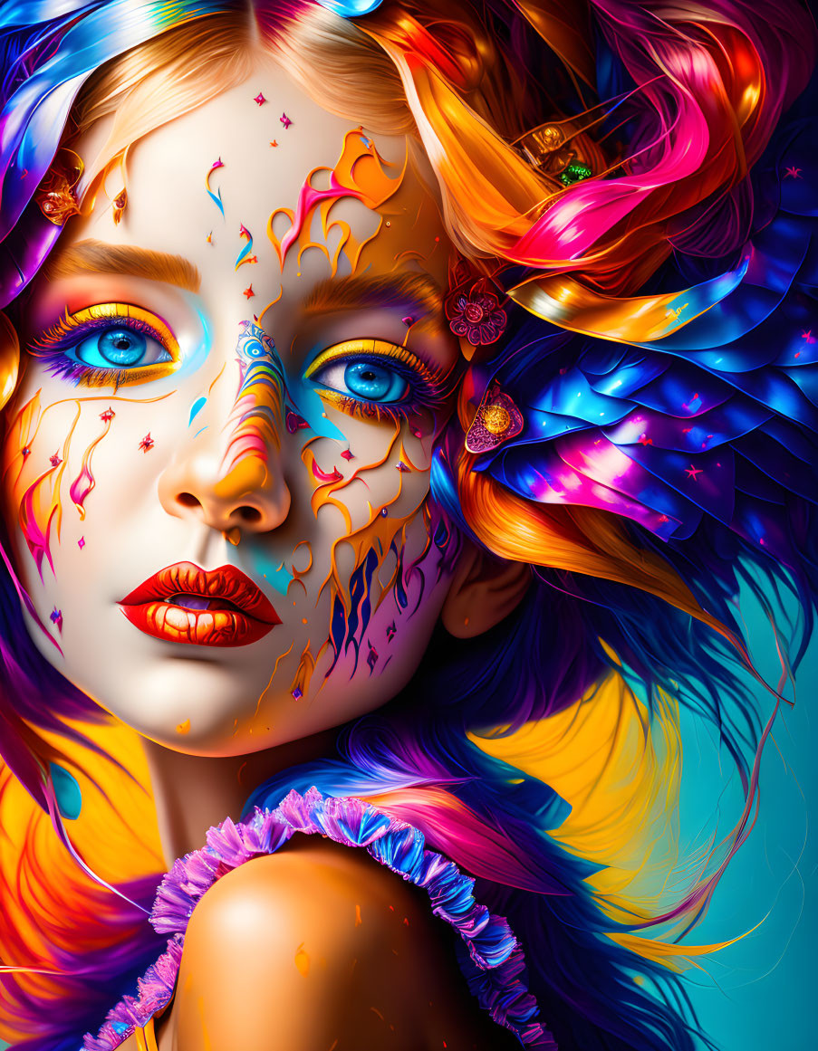 Colorful digital art portrait: Woman with blue eyes, multicolored hair, intricate face paint.