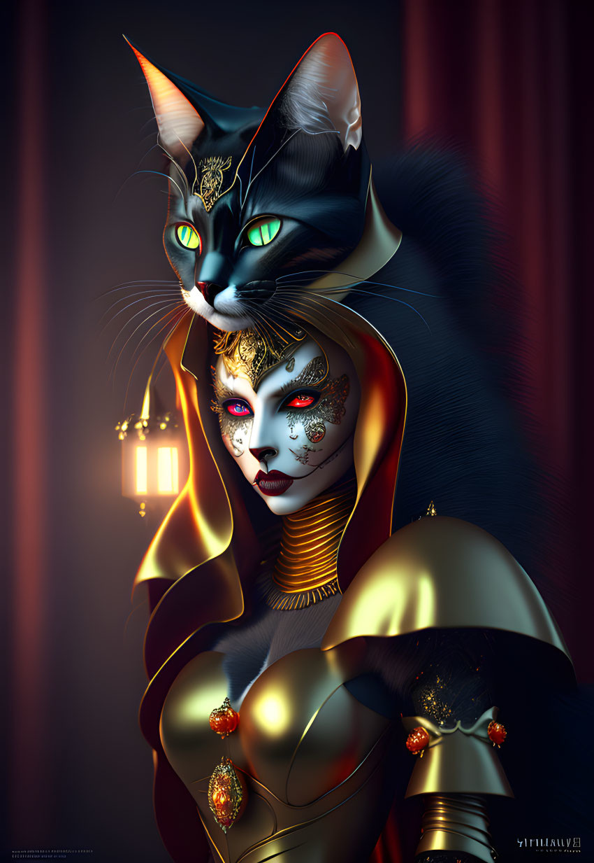 Cat-headed humanoid in gold attire on red backdrop with lantern