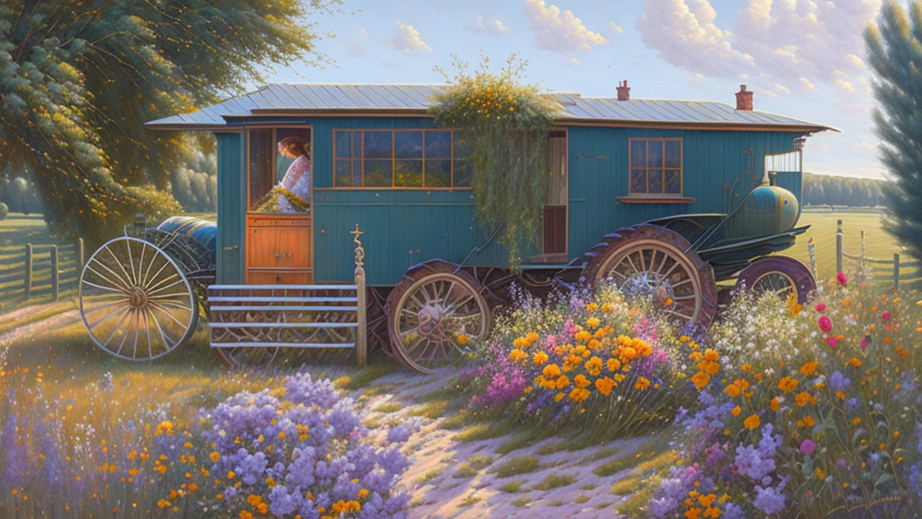 Vintage Blue Caravan Surrounded by Colorful Flowers in Tranquil Field