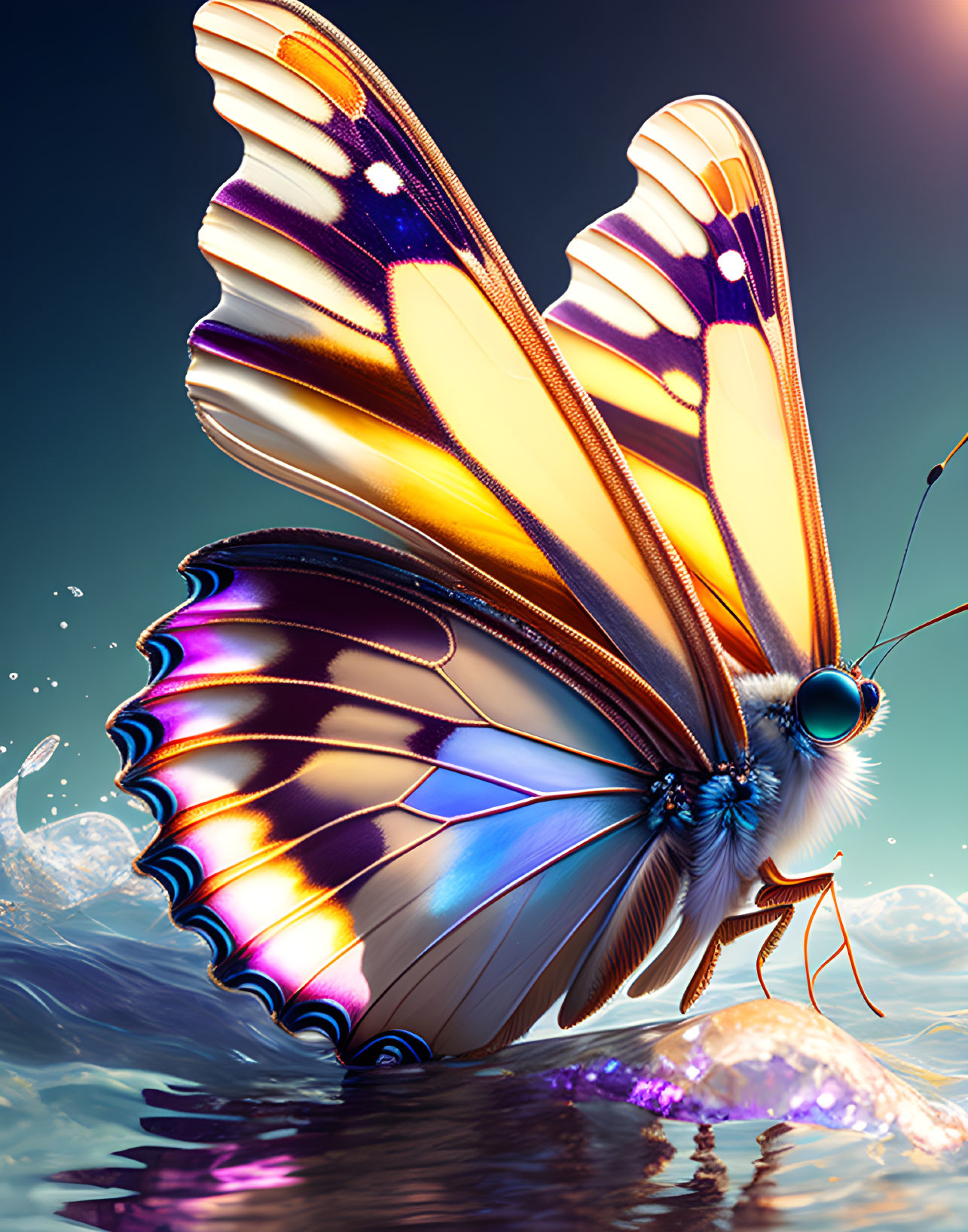 Colorful oversized butterfly perched above water in digital artwork