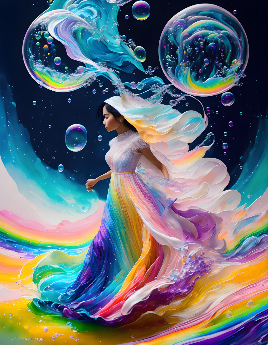 Colorful Woman in Flowing Dress with Swirling Patterns and Bubbles