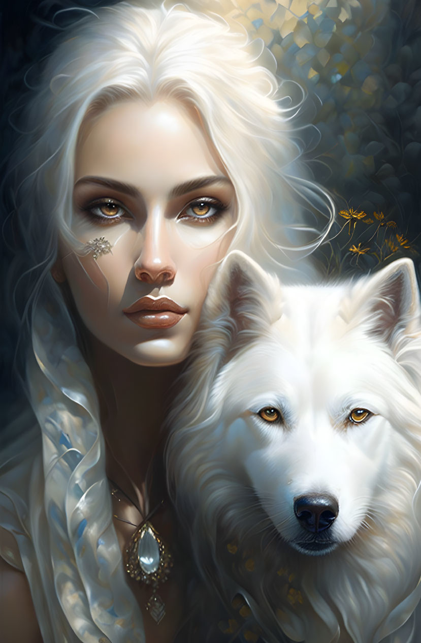 Digital artwork: Woman with pale skin and white hair with white wolf in golden backdrop