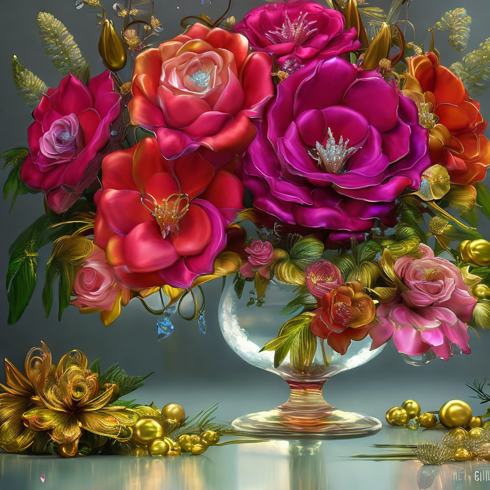 Vivid digital artwork of oversized pink and red roses in a transparent vase