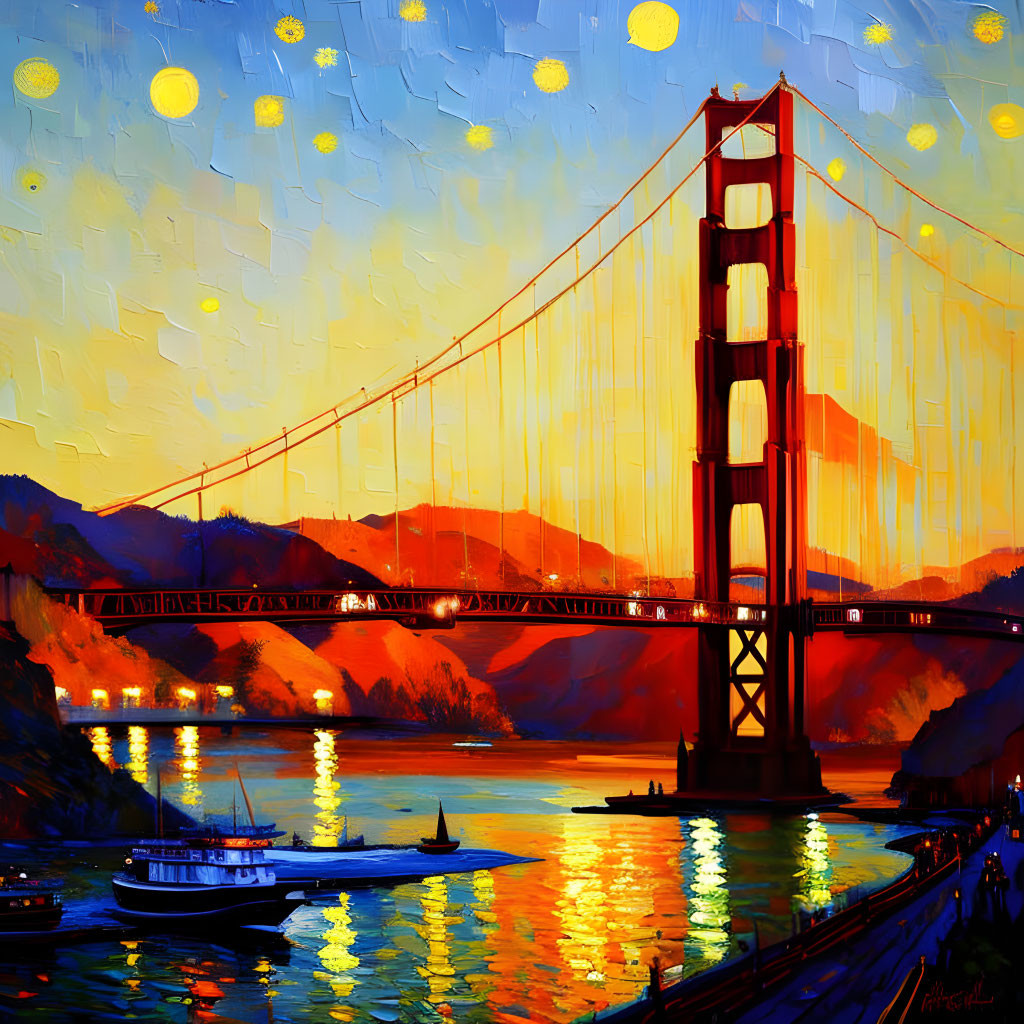 Golden Gate Bridge painting: Dusk scene with boat, glowing lights & starry sky