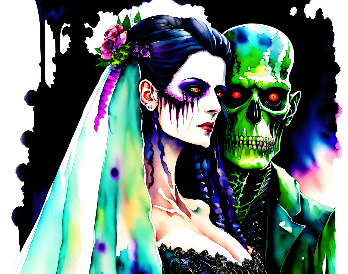 Artwork: Bride-styled woman with flower next to skeleton