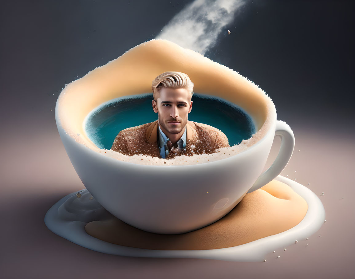 Man emerging from coffee cup with cream wave and steam - surreal art.