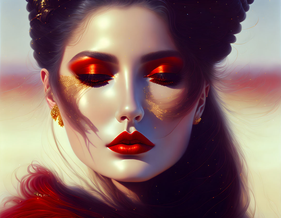 Digital Artwork: Woman with Red Makeup and Gold Glitter in Red Cloak