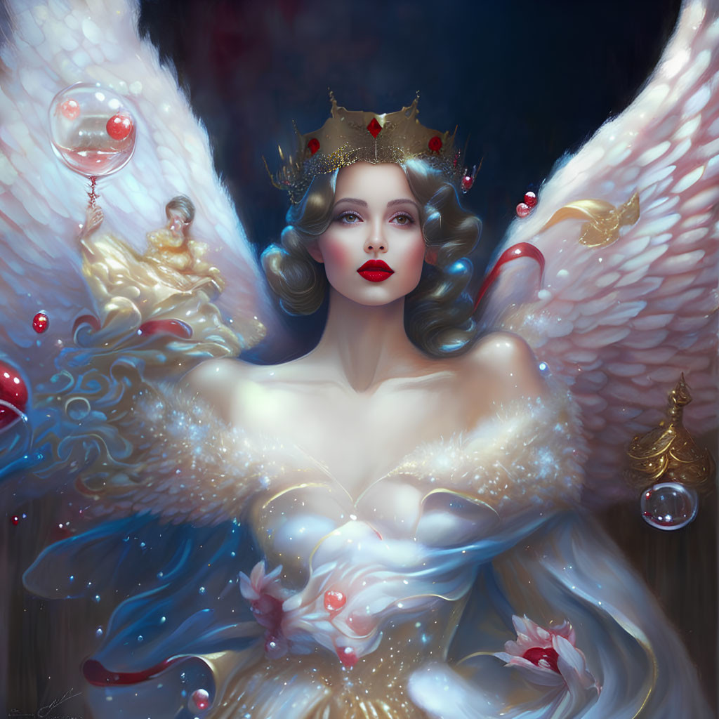 Majestic figure with white wings, golden crown, pearls, flowers, doves, and red