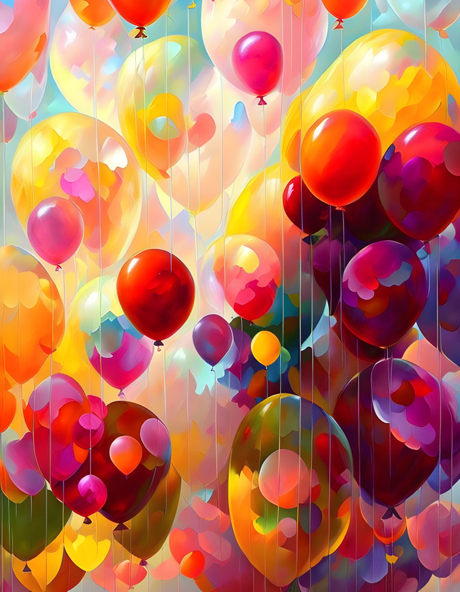 Multicolored glossy balloons create a joyful, dreamy atmosphere