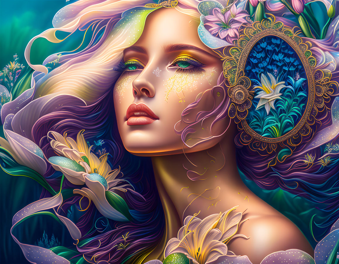 Vibrant illustration: woman with purple hair, floral elements, nature backdrop, mirror.