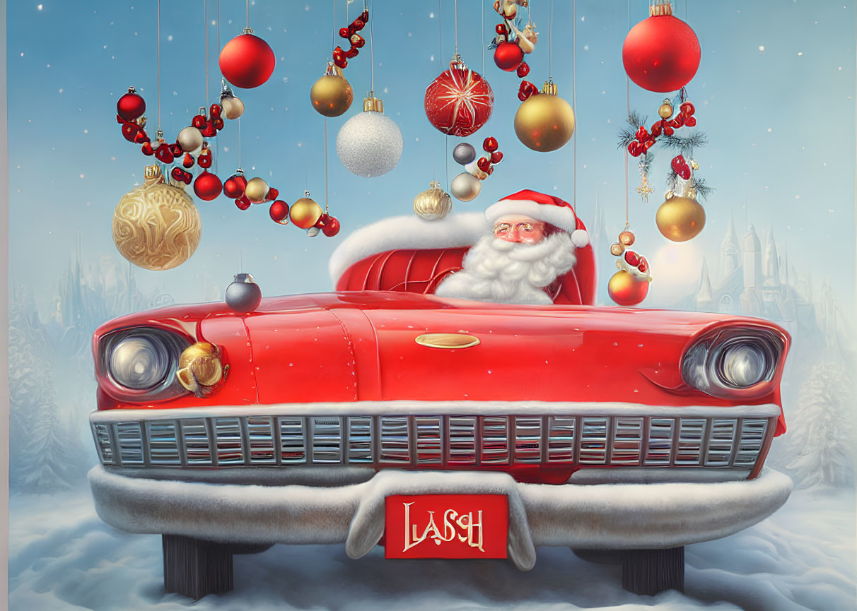 Santa in Red Vintage Car with Christmas Ornaments in Snowy Landscape