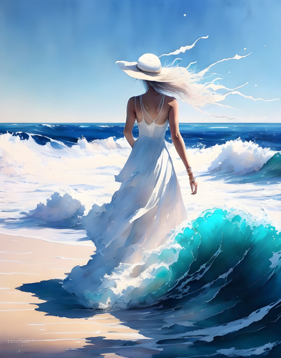 Woman in white dress and hat by the sea with flowing hair and dress against vibrant blue waves