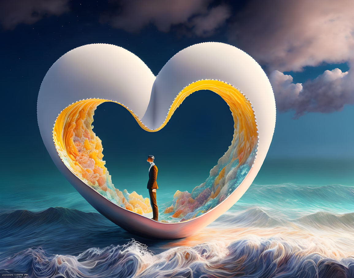Person inside heart-shaped broken eggshell in stormy seas with swirling orange yolks.