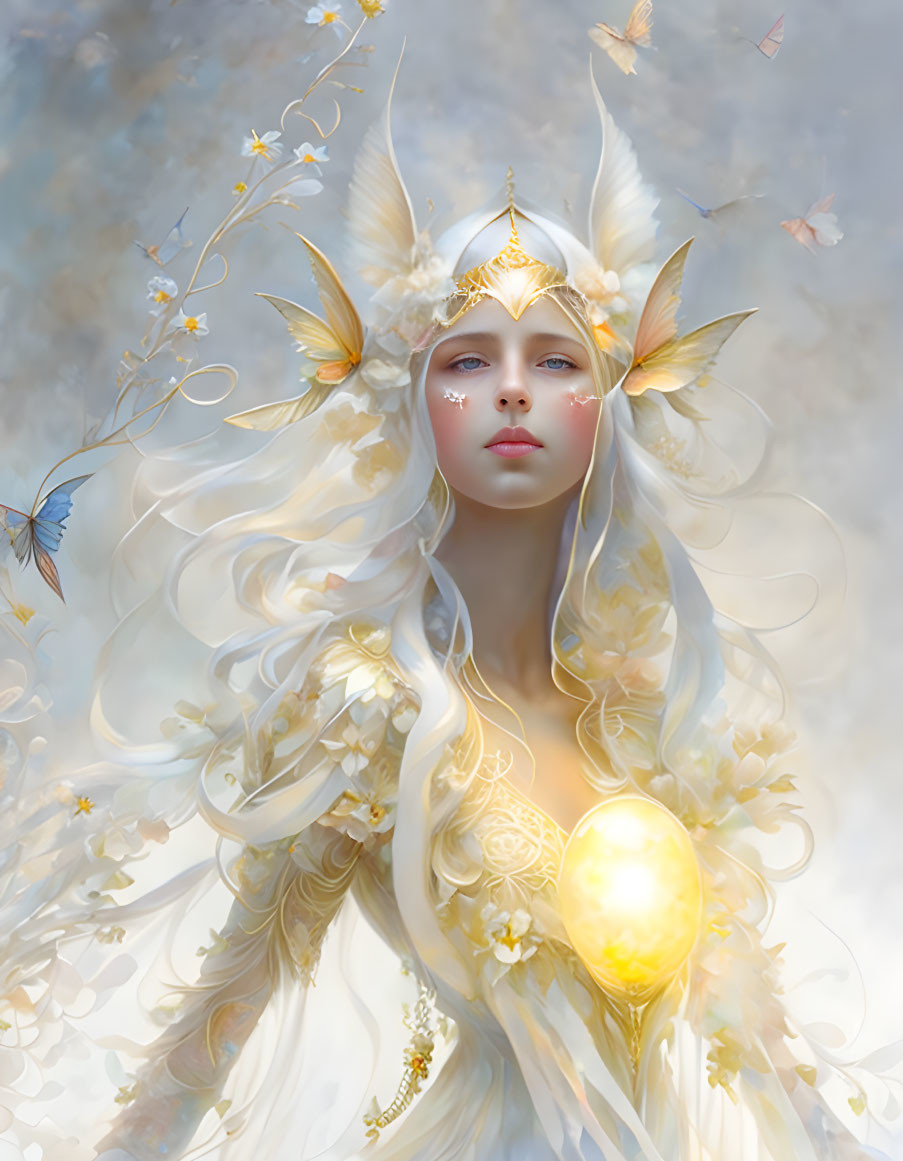 Ethereal fantasy figure in white and gold attire with glowing orb surrounded by butterflies